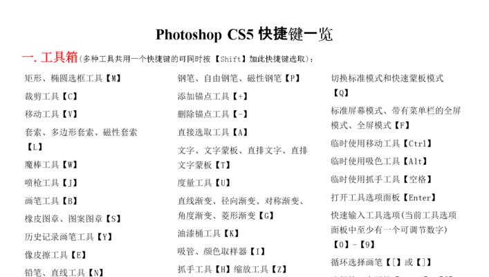 高效使用Photoshop的常用快捷键大全（提高PS操作速度的关键技巧）